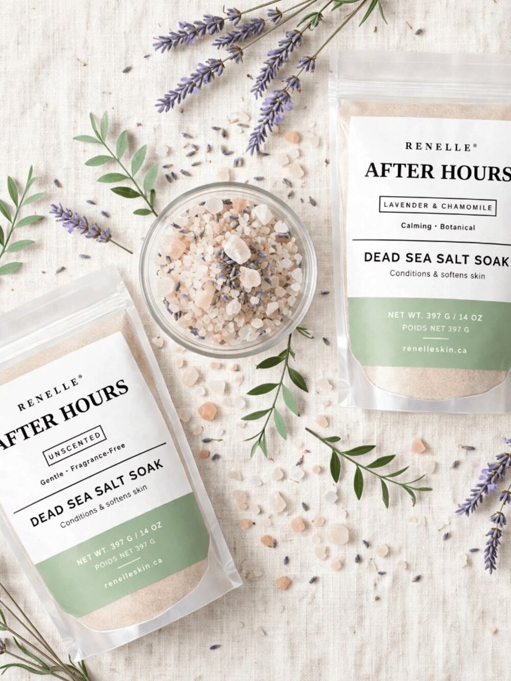 Skin Bath Soak Duo | Unscented Dead Sea Salt & Lavender Chamomile